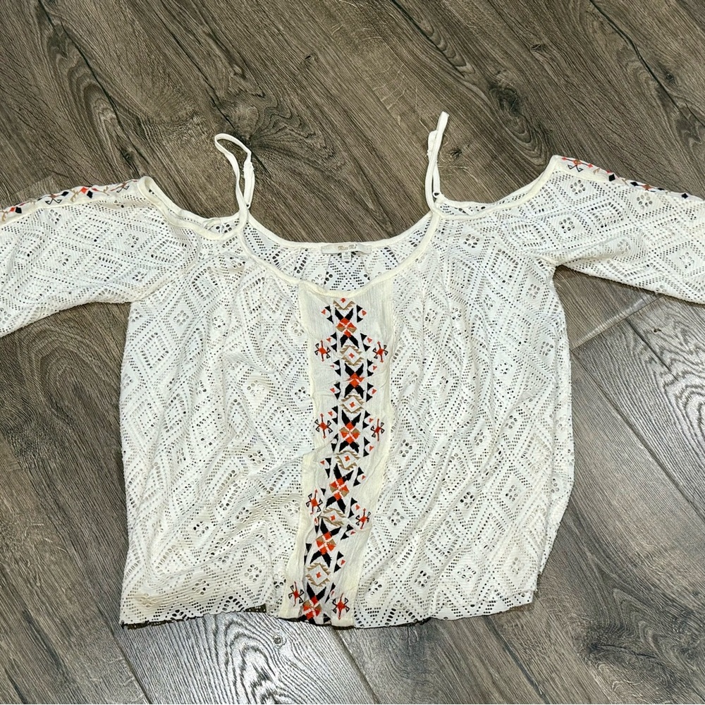 Miss Me Cream cold shoulder Lace Blouse with Colorful Embroidery